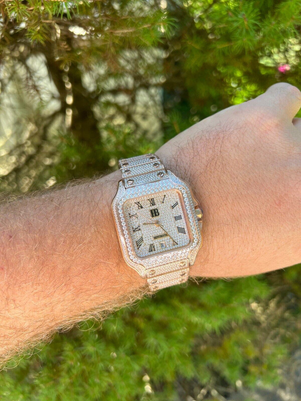 Hip Hop Real Mens 16ct VVS MOISSANITE Watch Iced Automatic Movement Hip Hop Rose Gold