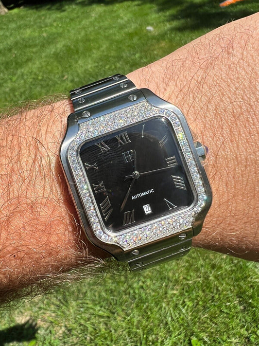 Hip Hop Real Mens 2.5ct MOISSANITE Watch Hip Hop Iced Automatic Movement Black Face