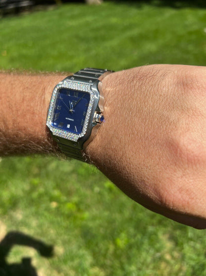 Hip Hop Real Mens 2.5ct MOISSANITE Watch Hip Hop Iced Automatic Movement Blue Face