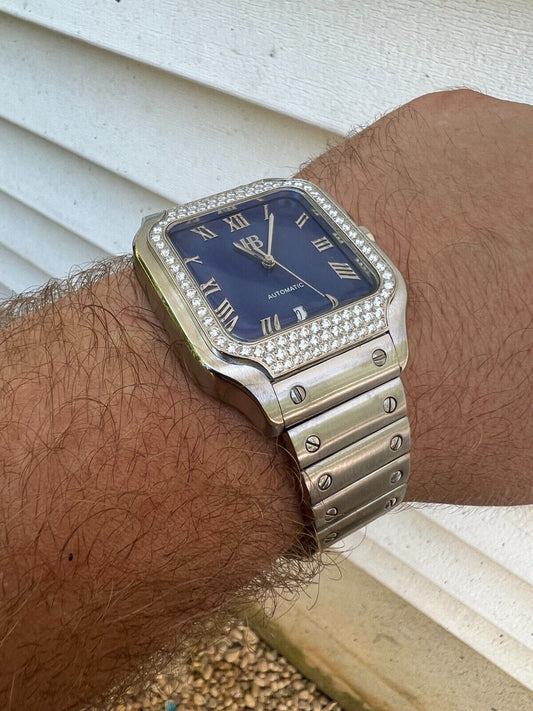 Hip Hop Real Mens 2.5ct MOISSANITE Watch Hip Hop Iced Automatic Movement Blue Face