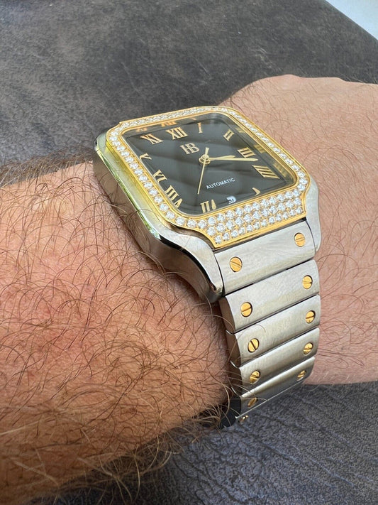 Hip Hop Real Mens 2.5ct MOISSANITE Watch Hip Hop Two Tone Gold Iced Automatic Black Face