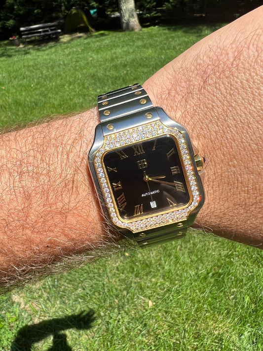 Hip Hop Real Mens 2.5ct MOISSANITE Watch Hip Hop Two Tone Gold Iced Automatic Black Face