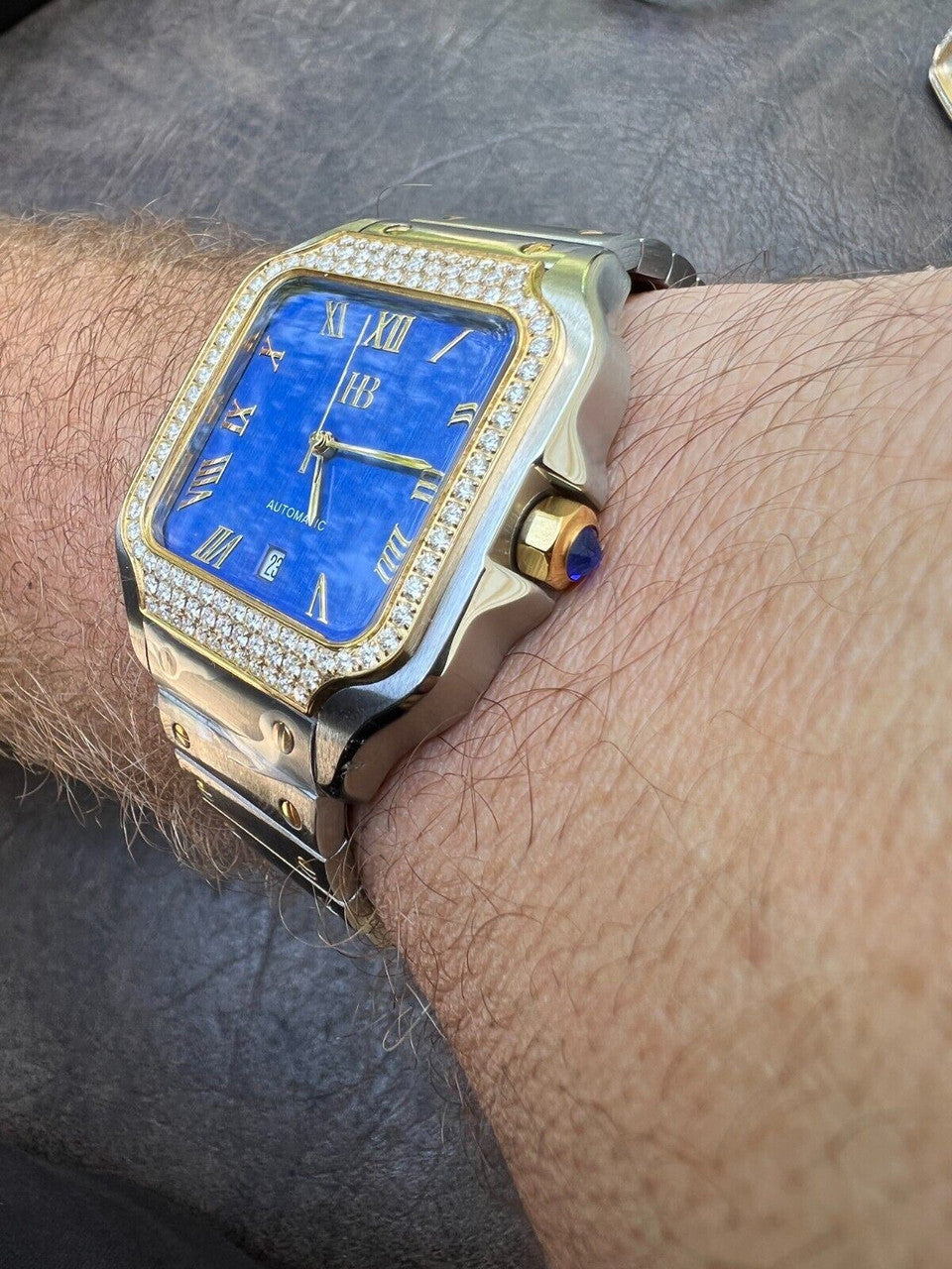Hip Hop Real Mens 2.5ct MOISSANITE Watch Two Tone Gold Iced Automatic Movement Blue Face