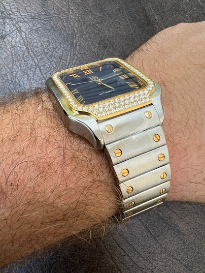 Hip Hop Real Mens 2.5ct MOISSANITE Watch Two Tone Gold Iced Automatic Movement Blue Face