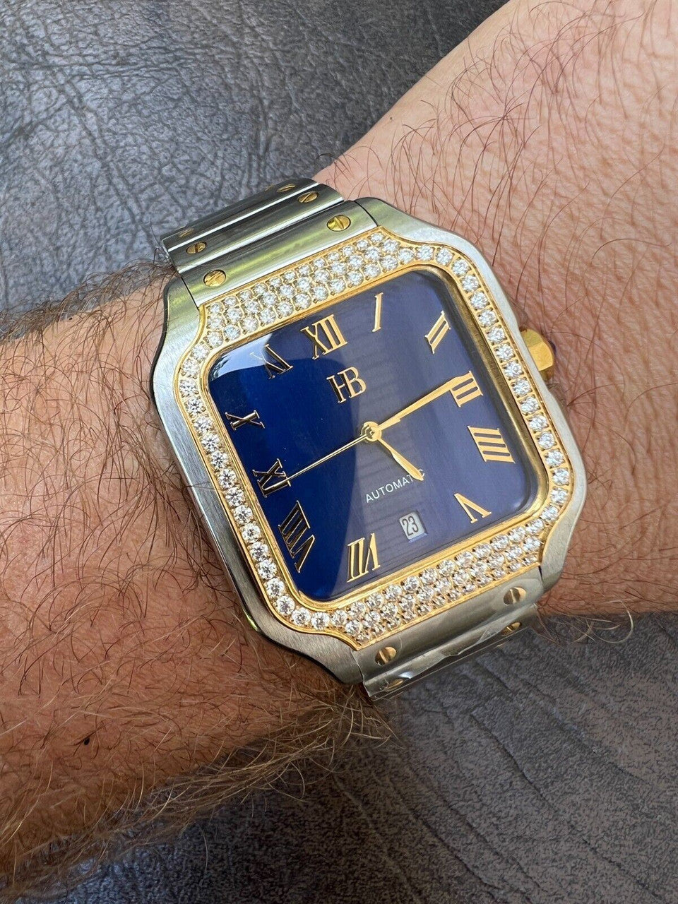 Hip Hop Real Mens 2.5ct MOISSANITE Watch Two Tone Gold Iced Automatic Movement Blue Face