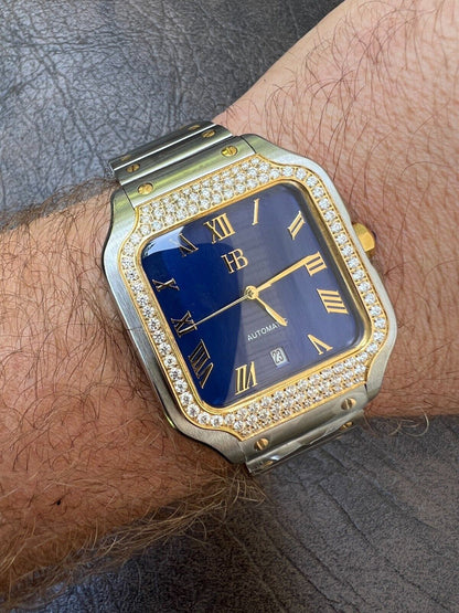 Hip Hop Real Mens 2.5ct MOISSANITE Watch Two Tone Gold Iced Automatic Movement Blue Face