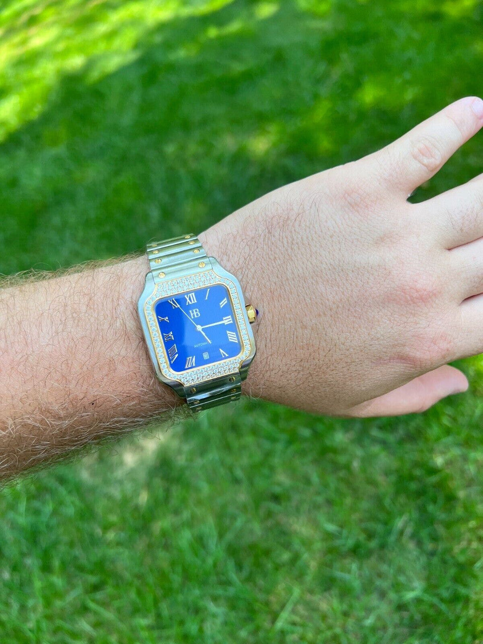 Hip Hop Real Mens 2.5ct MOISSANITE Watch Two Tone Gold Iced Automatic Movement Blue Face