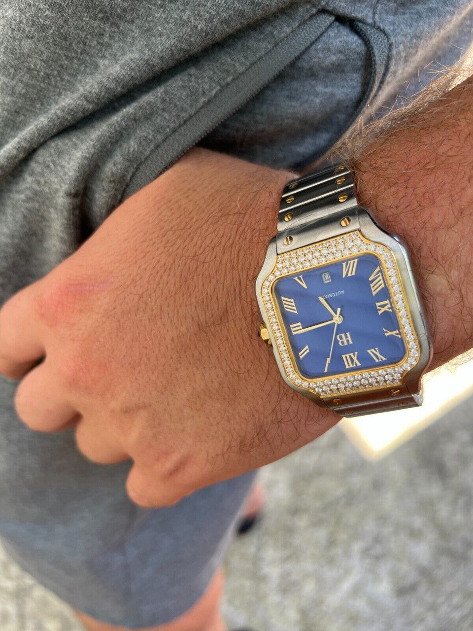 Hip Hop Real Mens 2.5ct MOISSANITE Watch Two Tone Gold Iced Automatic Movement Blue Face