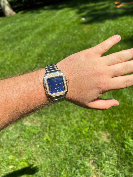 Hip Hop Real Mens 2.5ct MOISSANITE Watch Two Tone Gold Iced Automatic Movement Blue Face