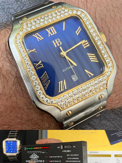 Hip Hop Real Mens 2.5ct MOISSANITE Watch Two Tone Gold Iced Automatic Movement Blue Face