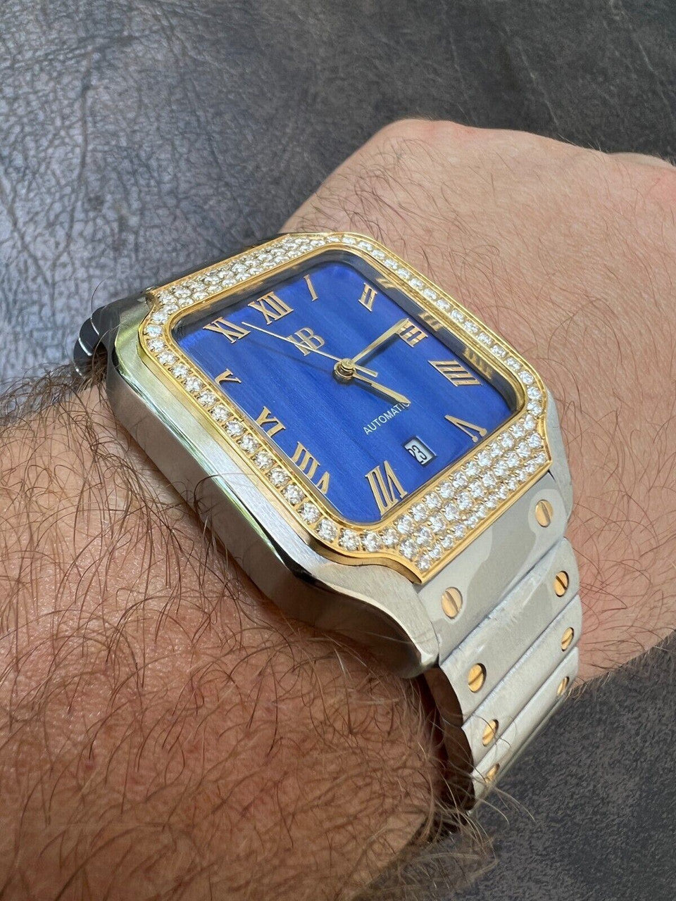 Hip Hop Real Mens 2.5ct MOISSANITE Watch Two Tone Gold Iced Automatic Movement Blue Face