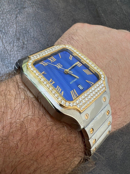 Hip Hop Real Mens 2.5ct MOISSANITE Watch Two Tone Gold Iced Automatic Movement Blue Face