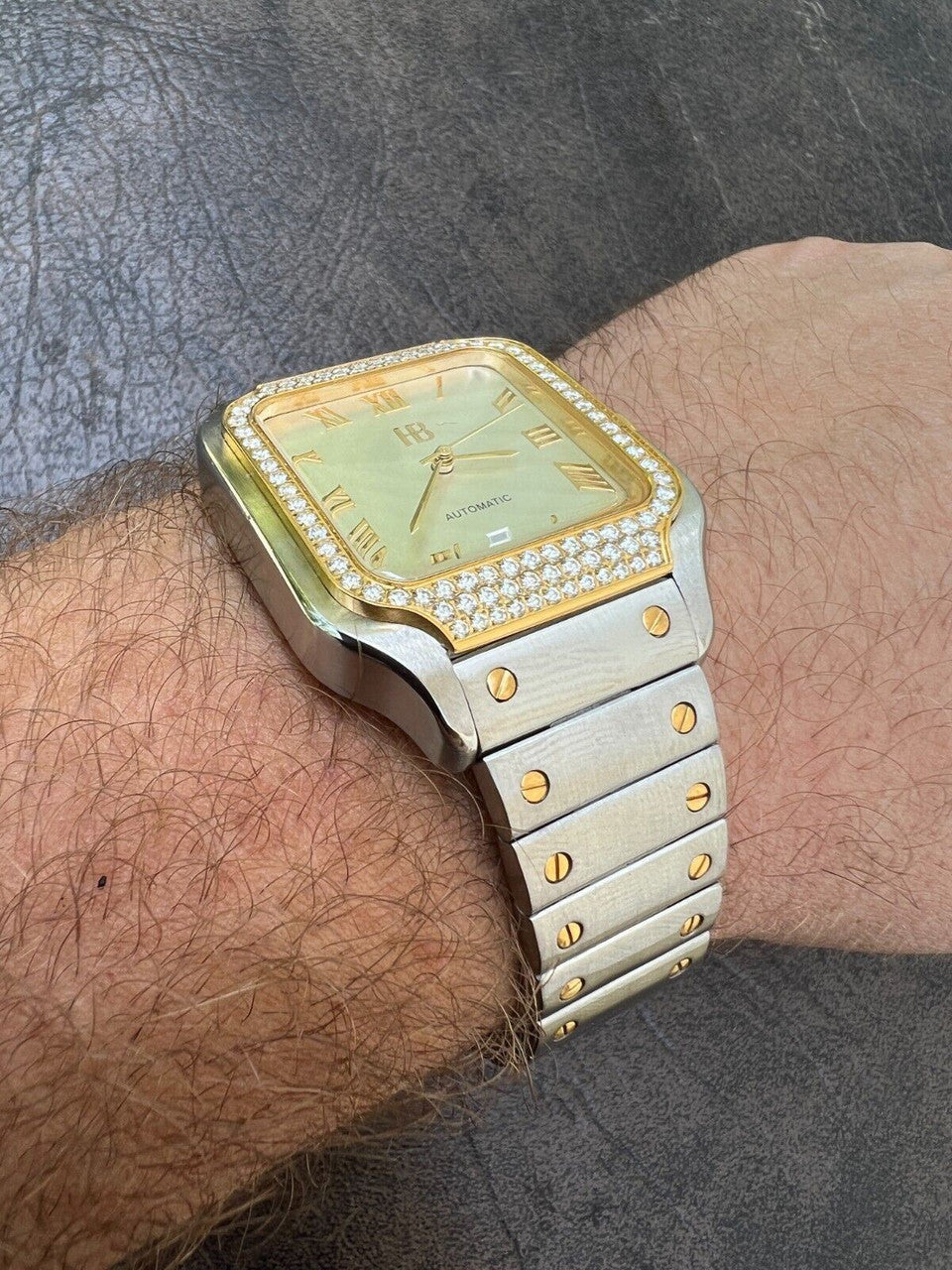 Hip Hop Real Mens 2.5ct MOISSANITE Watch Two Tone Gold Iced Automatic White Pearl Face