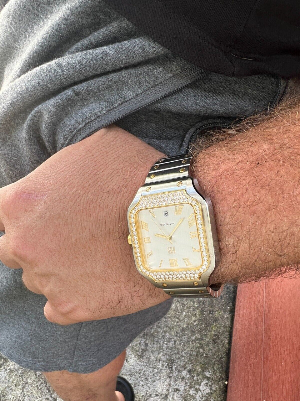 Hip Hop Real Mens 2.5ct MOISSANITE Watch Two Tone Gold Iced Automatic White Pearl Face