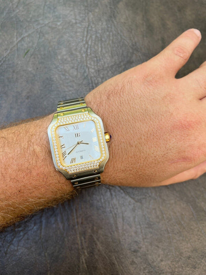 Hip Hop Real Mens 2.5ct MOISSANITE Watch Two Tone Gold Iced Automatic White Pearl Face