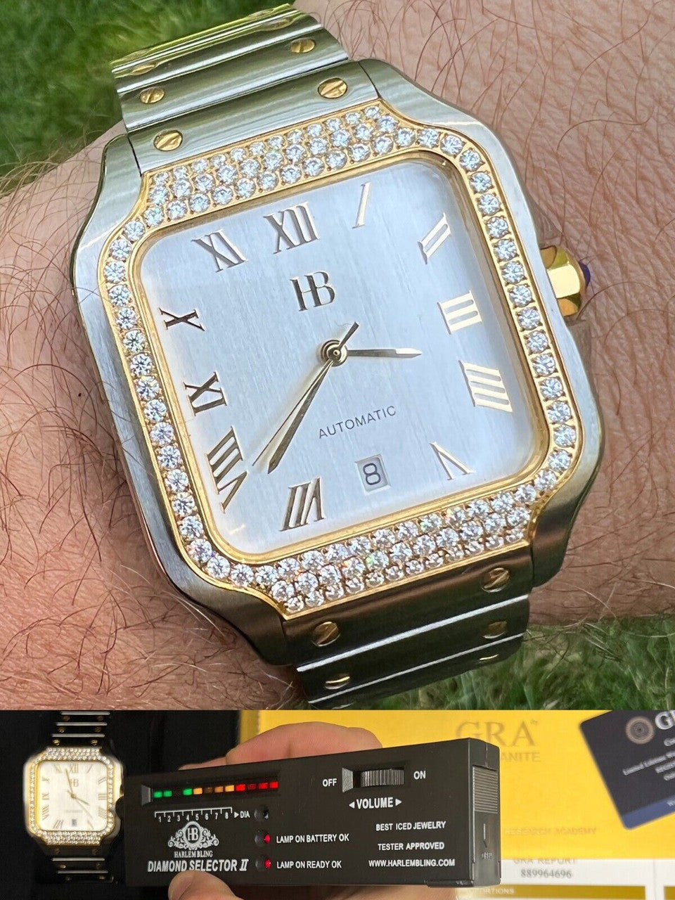 Hip Hop Real Mens 2.5ct MOISSANITE Watch Two Tone Gold Iced Automatic White Pearl Face