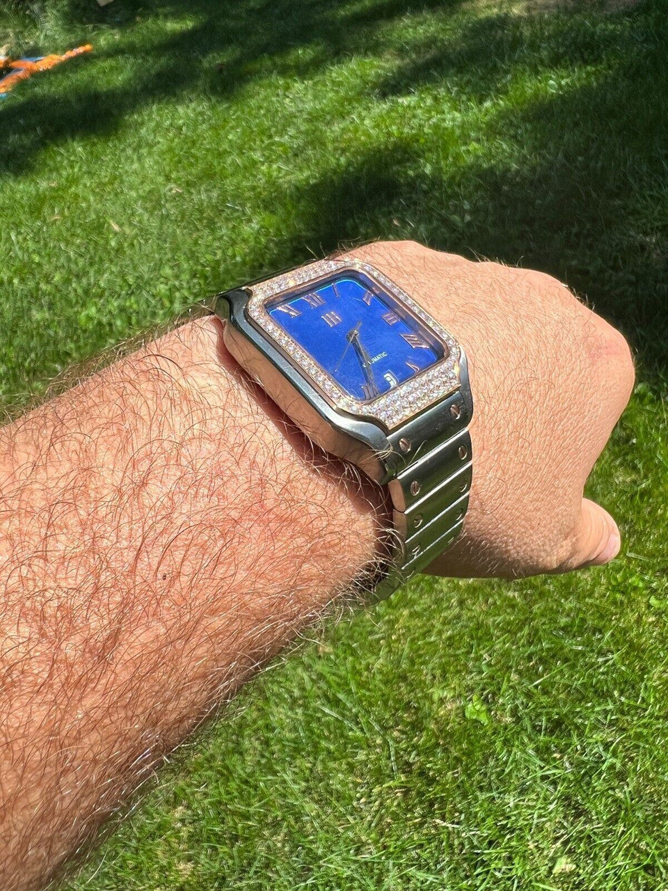 Hip Hop Real Mens 2.5ct MOISSANITE Watch Two Tone Rose Gold Iced Automatic Blue Face