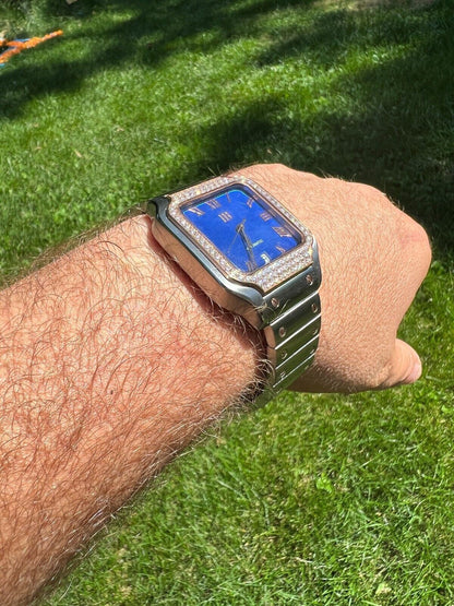 Hip Hop Real Mens 2.5ct MOISSANITE Watch Two Tone Rose Gold Iced Automatic Blue Face