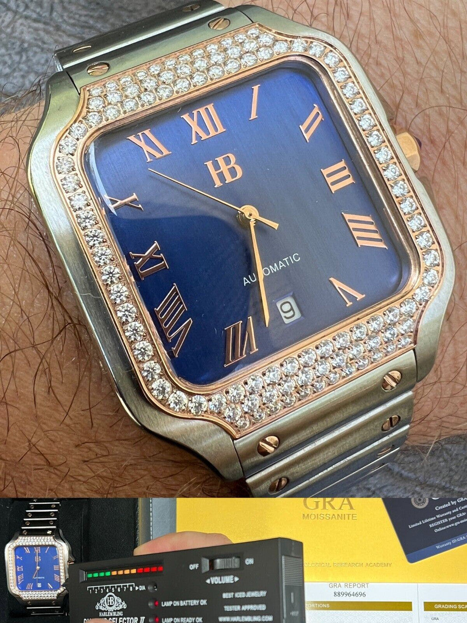 Hip Hop Real Mens 2.5ct MOISSANITE Watch Two Tone Rose Gold Iced Automatic Blue Face