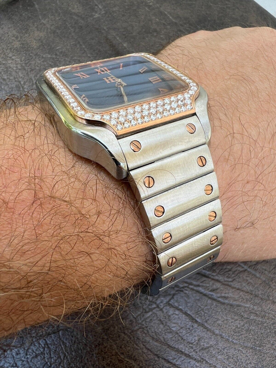 Hip Hop Real Mens 2.5ct MOISSANITE Watch Two Tone Rose Gold Iced Automatic Blue Face