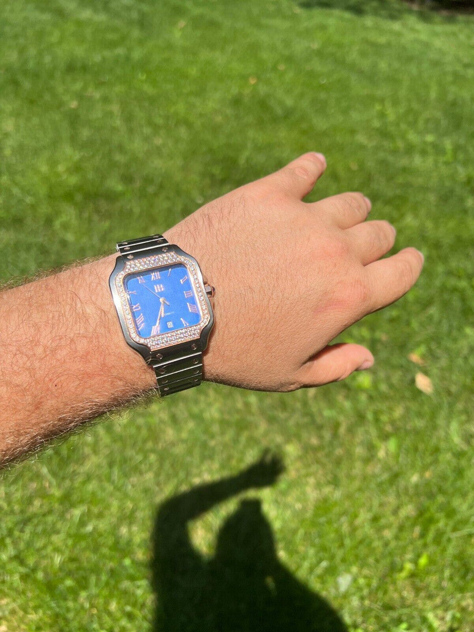 Hip Hop Real Mens 2.5ct MOISSANITE Watch Two Tone Rose Gold Iced Automatic Blue Face