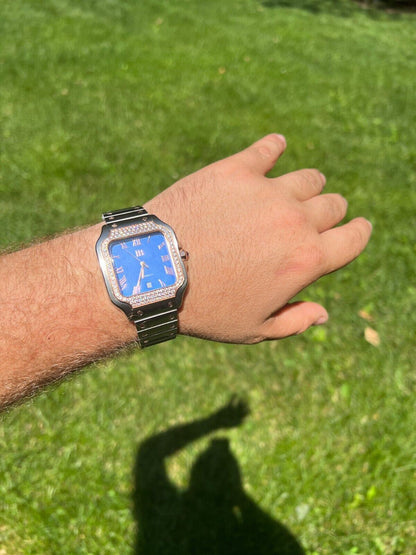 Hip Hop Real Mens 2.5ct MOISSANITE Watch Two Tone Rose Gold Iced Automatic Blue Face