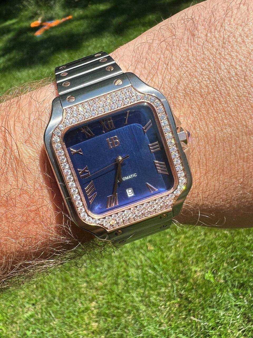 Hip Hop Real Mens 2.5ct MOISSANITE Watch Two Tone Rose Gold Iced Automatic Blue Face