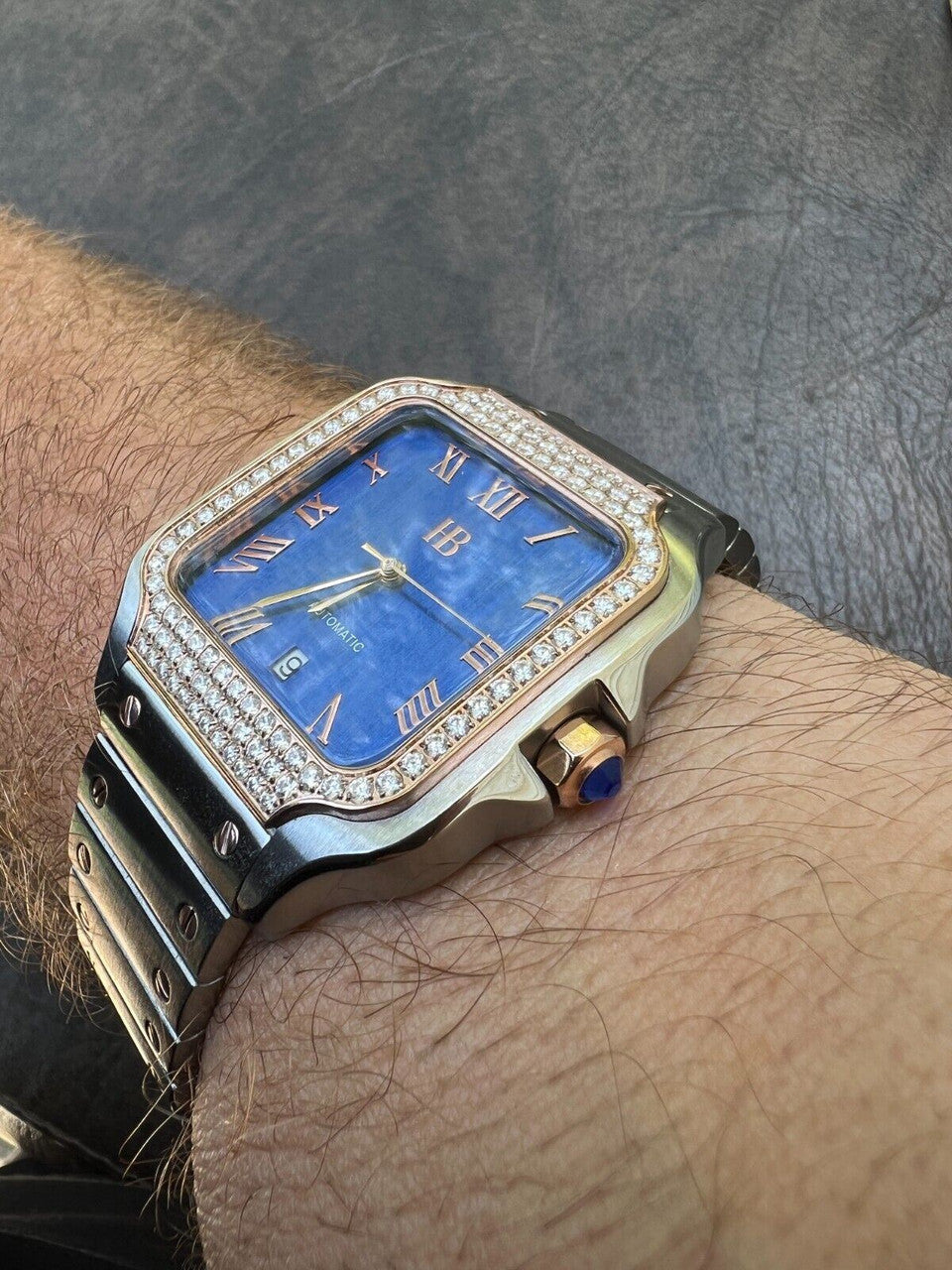 Hip Hop Real Mens 2.5ct MOISSANITE Watch Two Tone Rose Gold Iced Automatic Blue Face