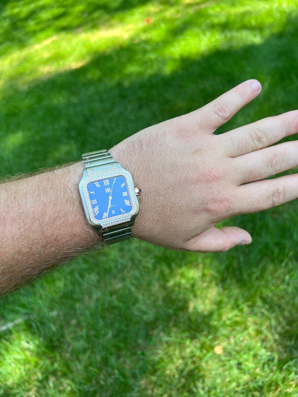 Hip Hop Real Mens 2.5ct MOISSANITE Watch Two Tone Rose Gold Iced Automatic Blue Face