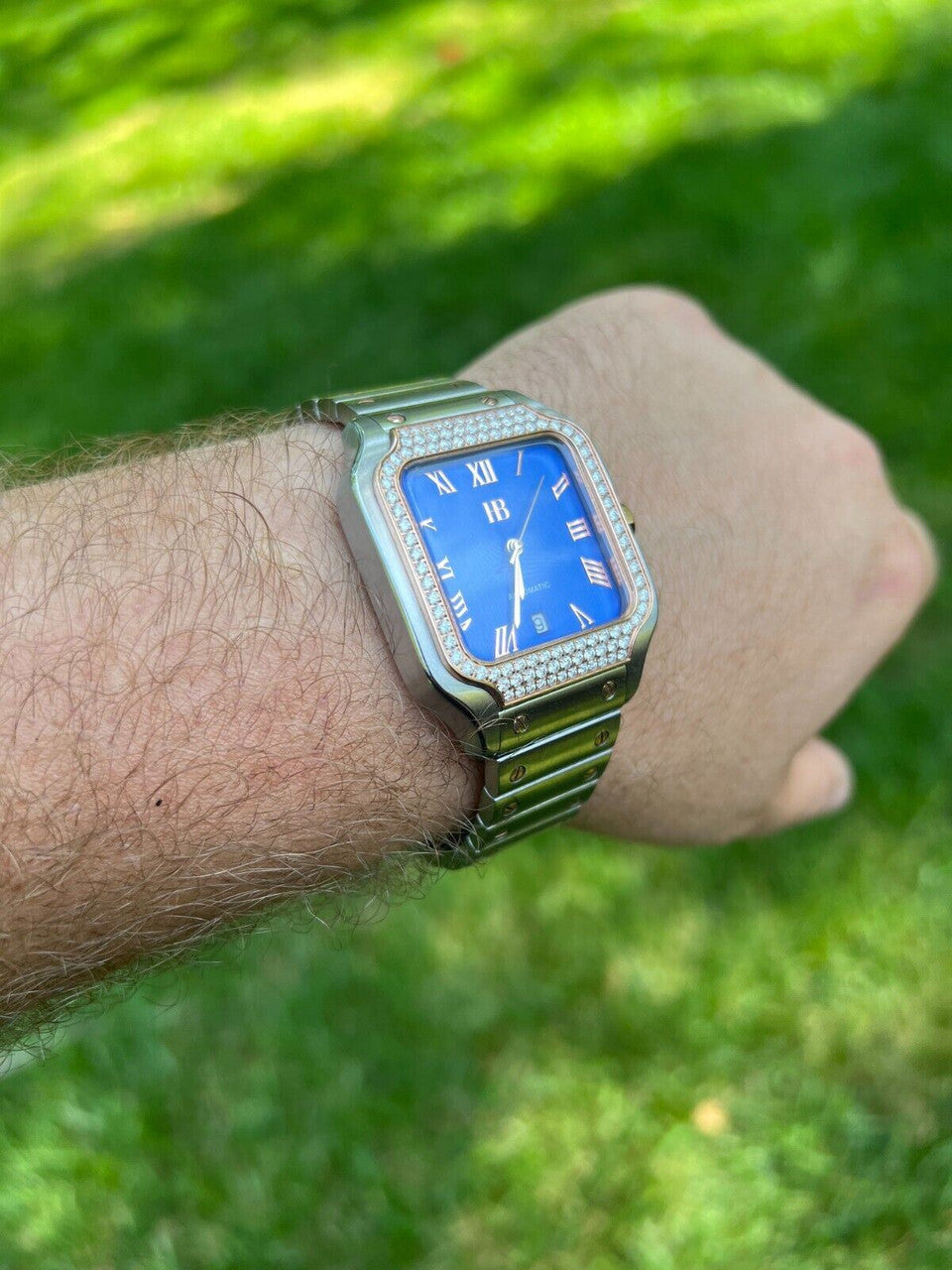 Hip Hop Real Mens 2.5ct MOISSANITE Watch Two Tone Rose Gold Iced Automatic Blue Face