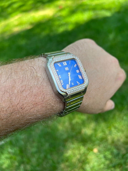 Hip Hop Real Mens 2.5ct MOISSANITE Watch Two Tone Rose Gold Iced Automatic Blue Face