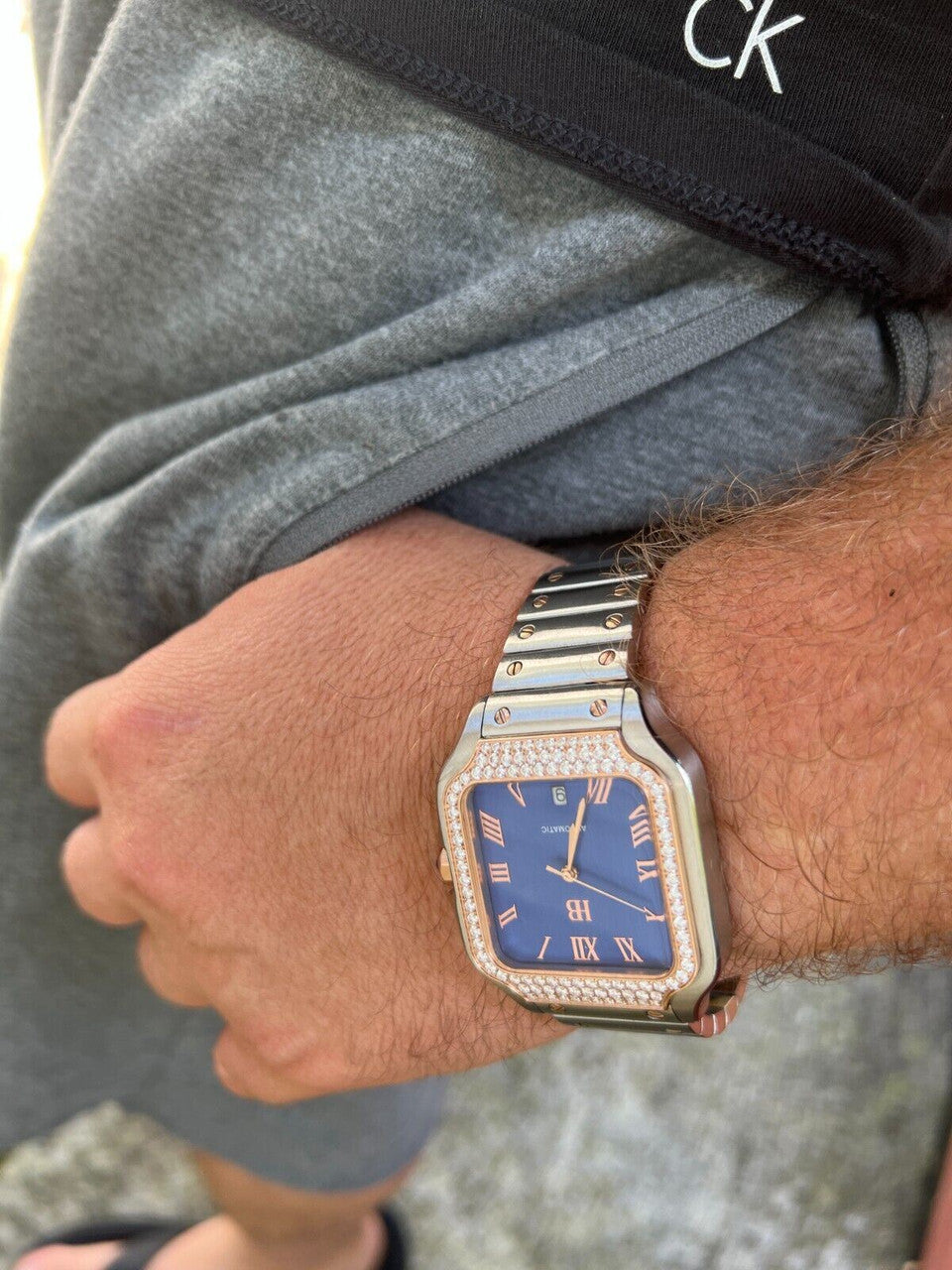 Hip Hop Real Mens 2.5ct MOISSANITE Watch Two Tone Rose Gold Iced Automatic Blue Face