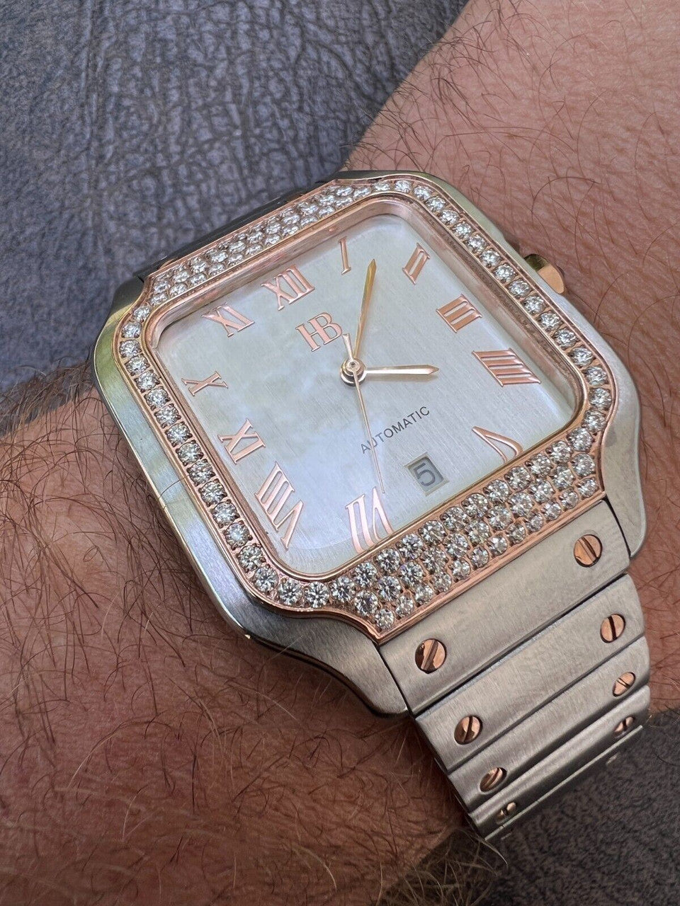 Hip Hop Real Mens 2.5ct MOISSANITE Watch Two Tone Rose Gold Iced Automatic Pearl Face