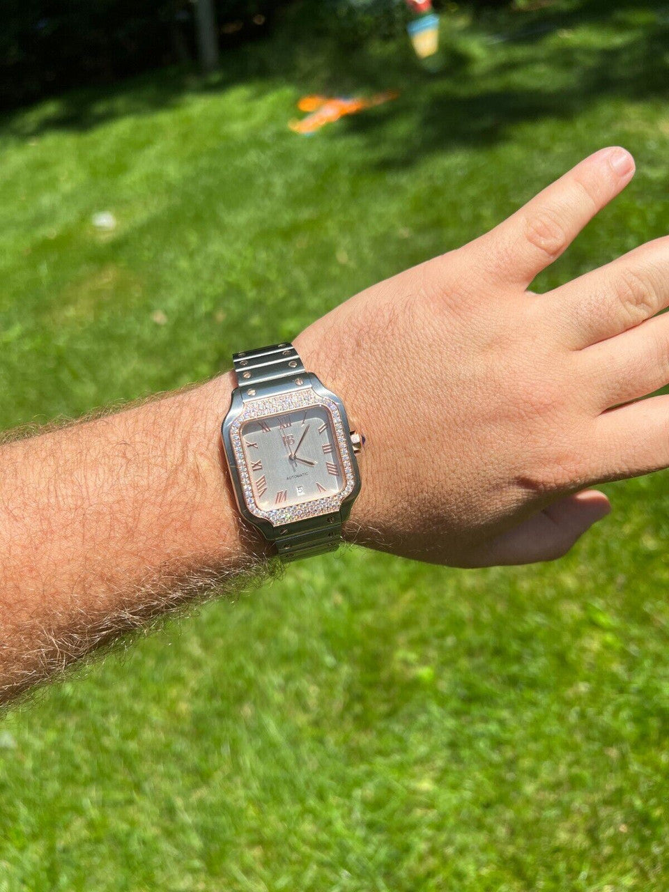 Hip Hop Real Mens 2.5ct MOISSANITE Watch Two Tone Rose Gold Iced Automatic Pearl Face