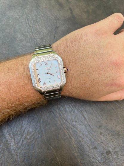 Hip Hop Real Mens 2.5ct MOISSANITE Watch Two Tone Rose Gold Iced Automatic Pearl Face