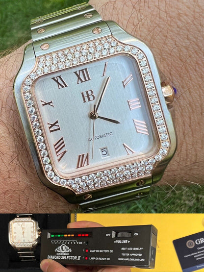 Hip Hop Real Mens 2.5ct MOISSANITE Watch Two Tone Rose Gold Iced Automatic Pearl Face