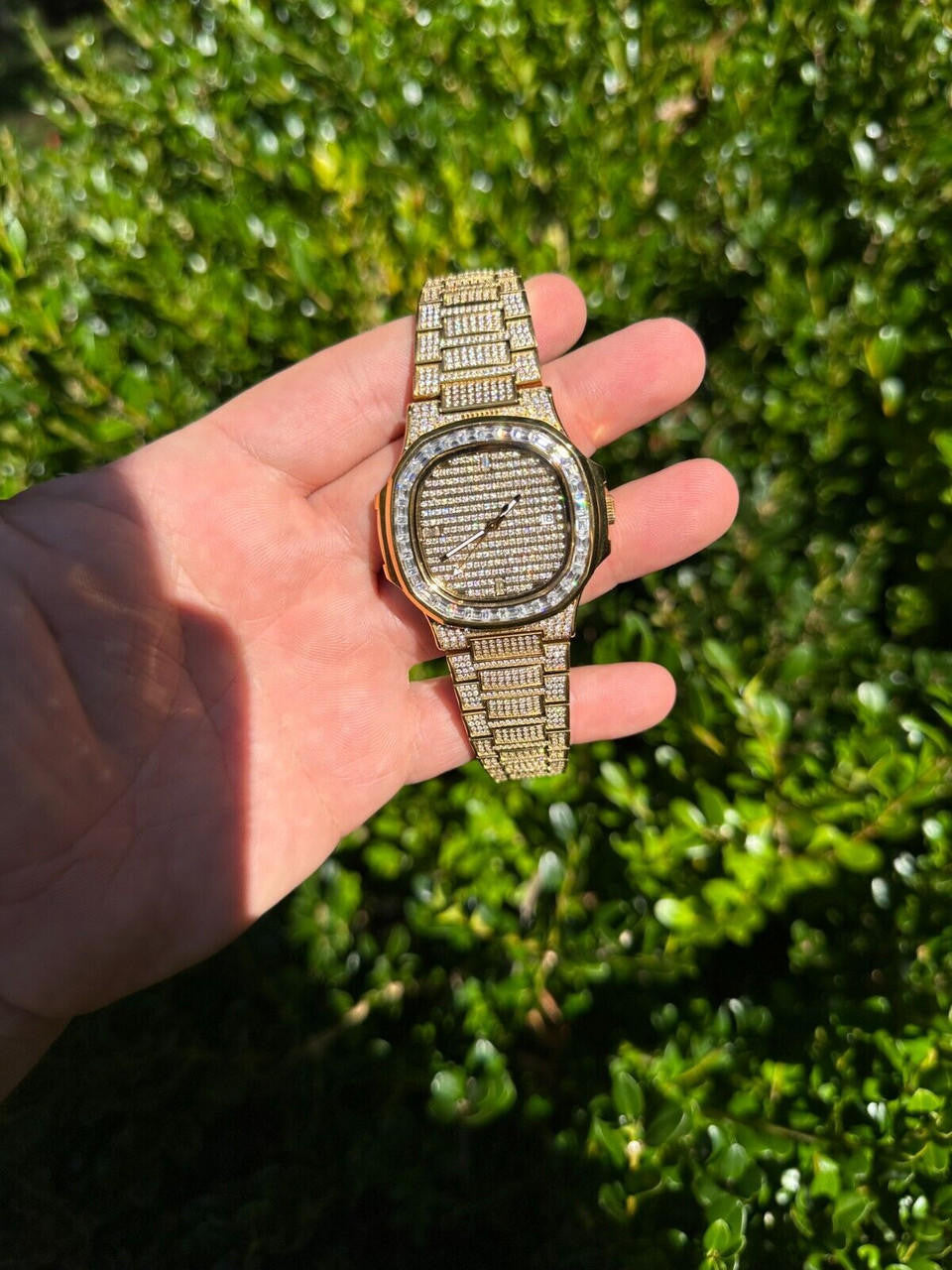 Hip Hop Real Mens Baguette 14k Gold Real MOISSANITE Watch Iced Automatic Movement HipHop