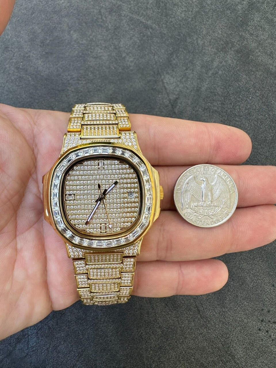 Hip Hop Real Mens Baguette 14k Gold Real MOISSANITE Watch Iced Automatic Movement HipHop