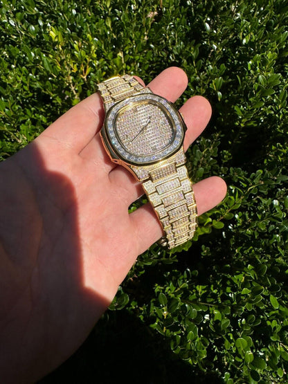 Hip Hop Real Mens Baguette 14k Gold Real MOISSANITE Watch Iced Automatic Movement HipHop