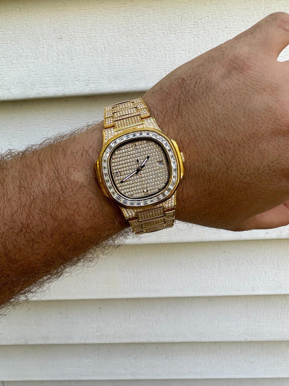 Hip Hop Real Mens Baguette 14k Gold Real MOISSANITE Watch Iced Automatic Movement HipHop