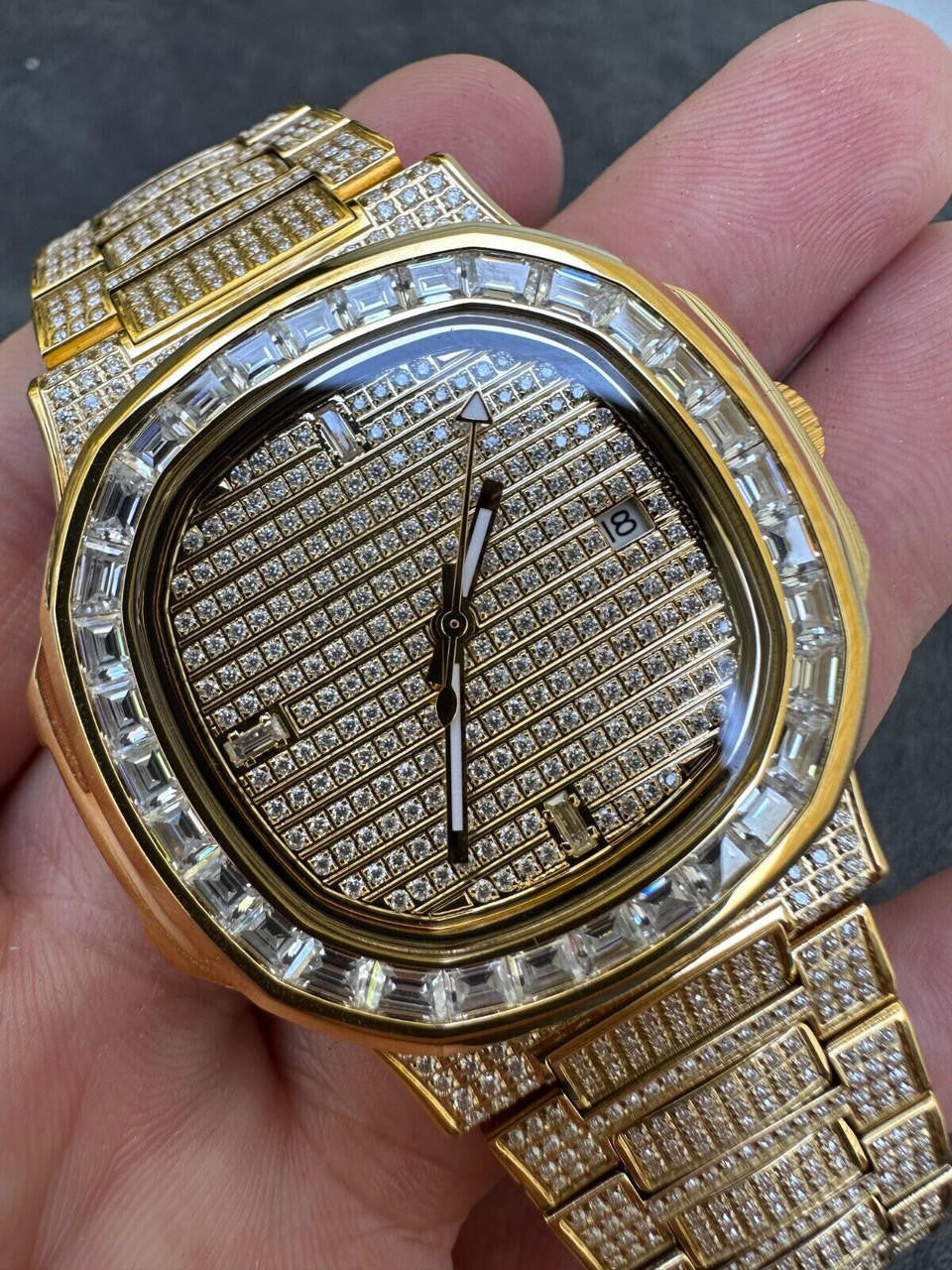 Hip Hop Real Mens Baguette 14k Gold Real MOISSANITE Watch Iced Automatic Movement HipHop