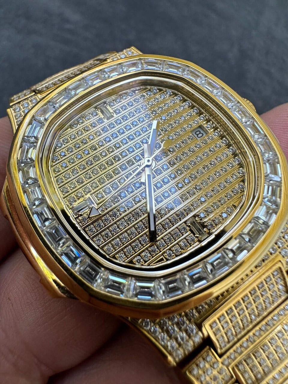 Hip Hop Real Mens Baguette 14k Gold Real MOISSANITE Watch Iced Automatic Movement HipHop