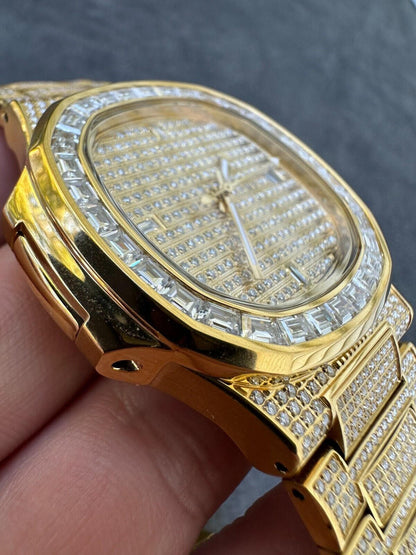Hip Hop Real Mens Baguette 14k Gold Real MOISSANITE Watch Iced Automatic Movement HipHop
