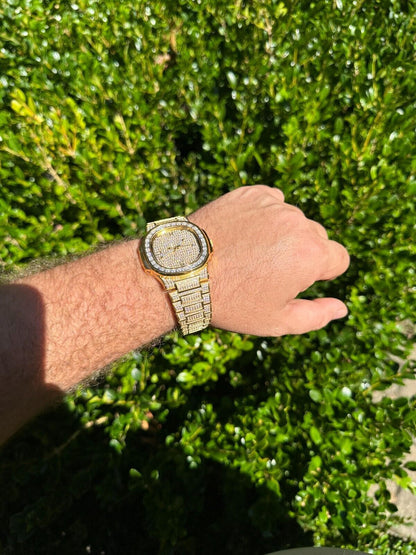 Hip Hop Real Mens Baguette 14k Gold Real MOISSANITE Watch Iced Automatic Movement HipHop