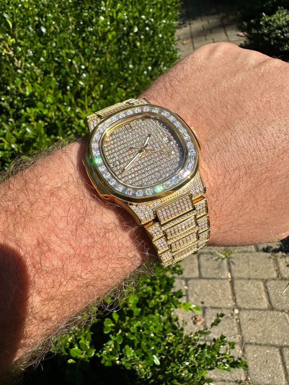 Hip Hop Real Mens Baguette 14k Gold Real MOISSANITE Watch Iced Automatic Movement HipHop