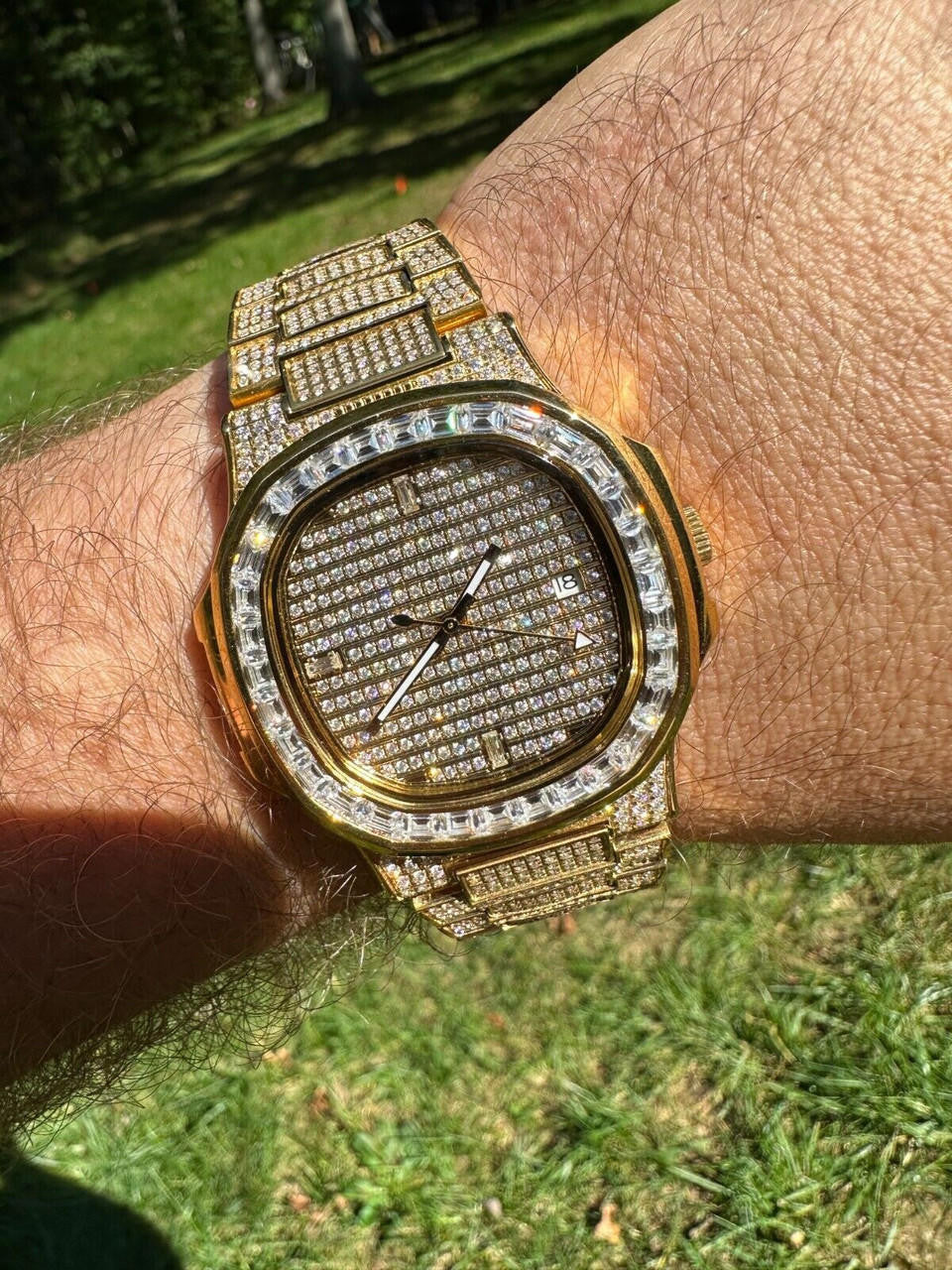 Hip Hop Real Mens Baguette 14k Gold Real MOISSANITE Watch Iced Automatic Movement HipHop