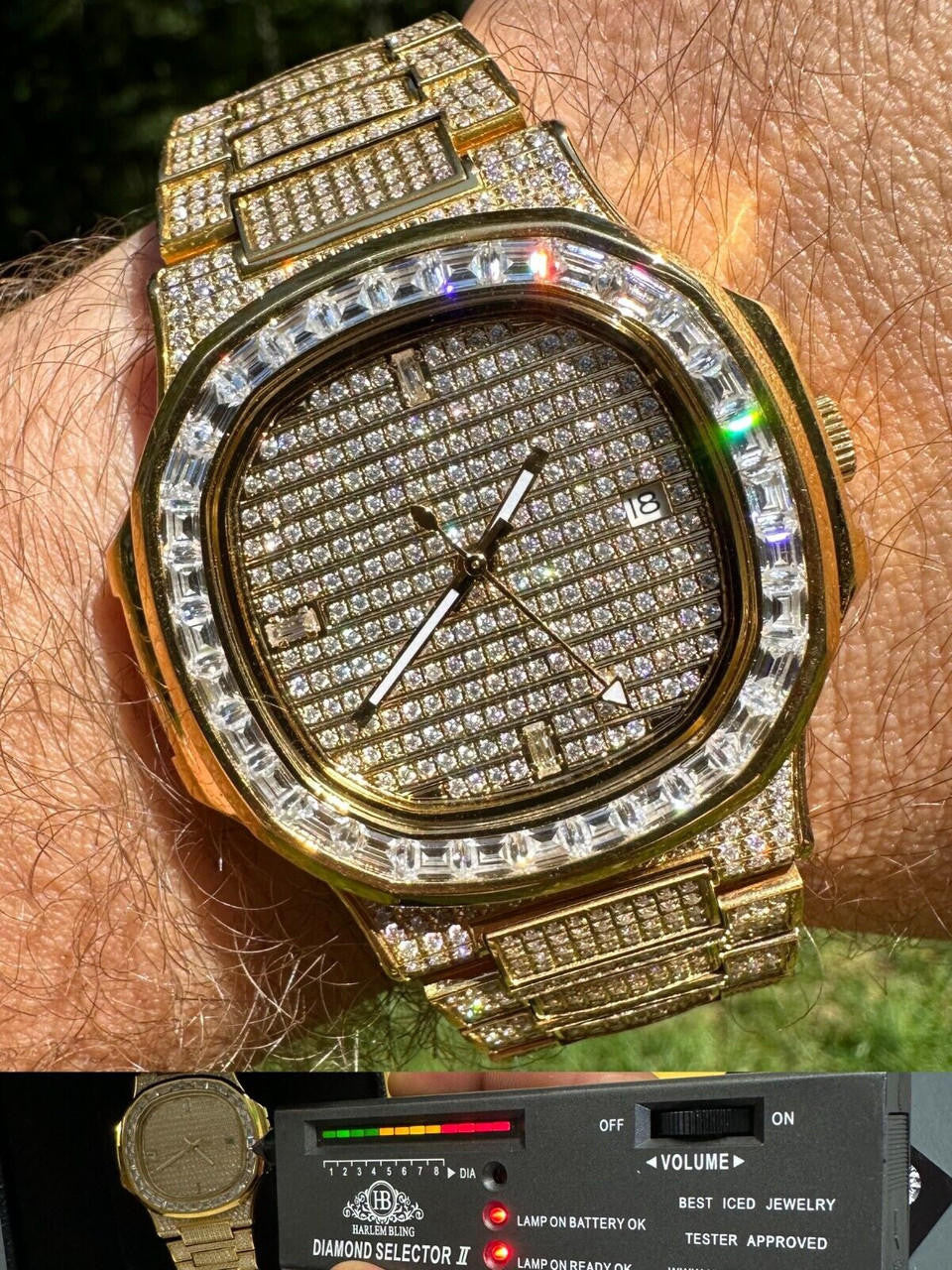 Hip Hop Real Mens Baguette 14k Gold Real MOISSANITE Watch Iced Automatic Movement HipHop