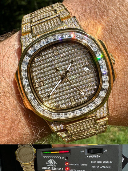 Hip Hop Real Mens Baguette 14k Gold Real MOISSANITE Watch Iced Automatic Movement HipHop