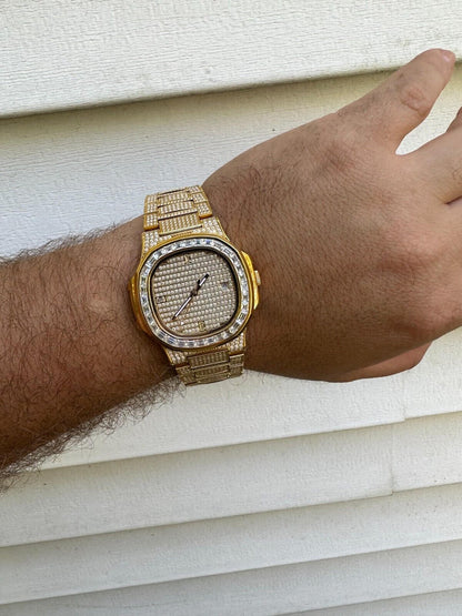 Hip Hop Real Mens Baguette 14k Gold Real MOISSANITE Watch Iced Automatic Movement HipHop