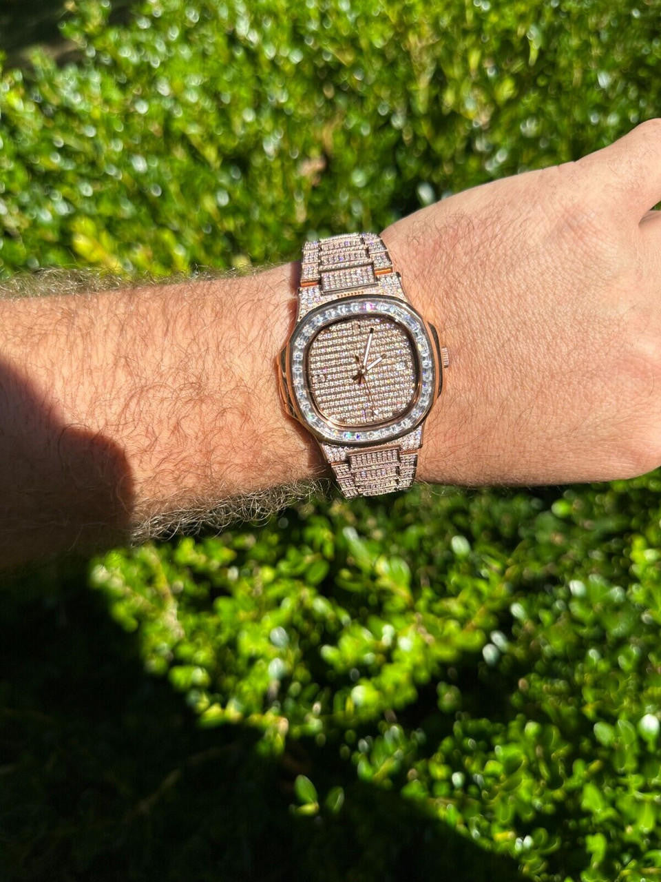 Hip Hop Real Mens Baguette 14k Rose Gold Real MOISSANITE Watch Iced Automatic Movement